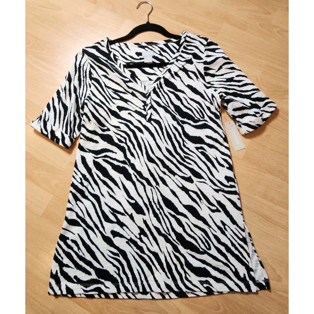NWT Chico's Modal Cotton Slub Zebra Henley Tunic Short Sleeve Top Size XS